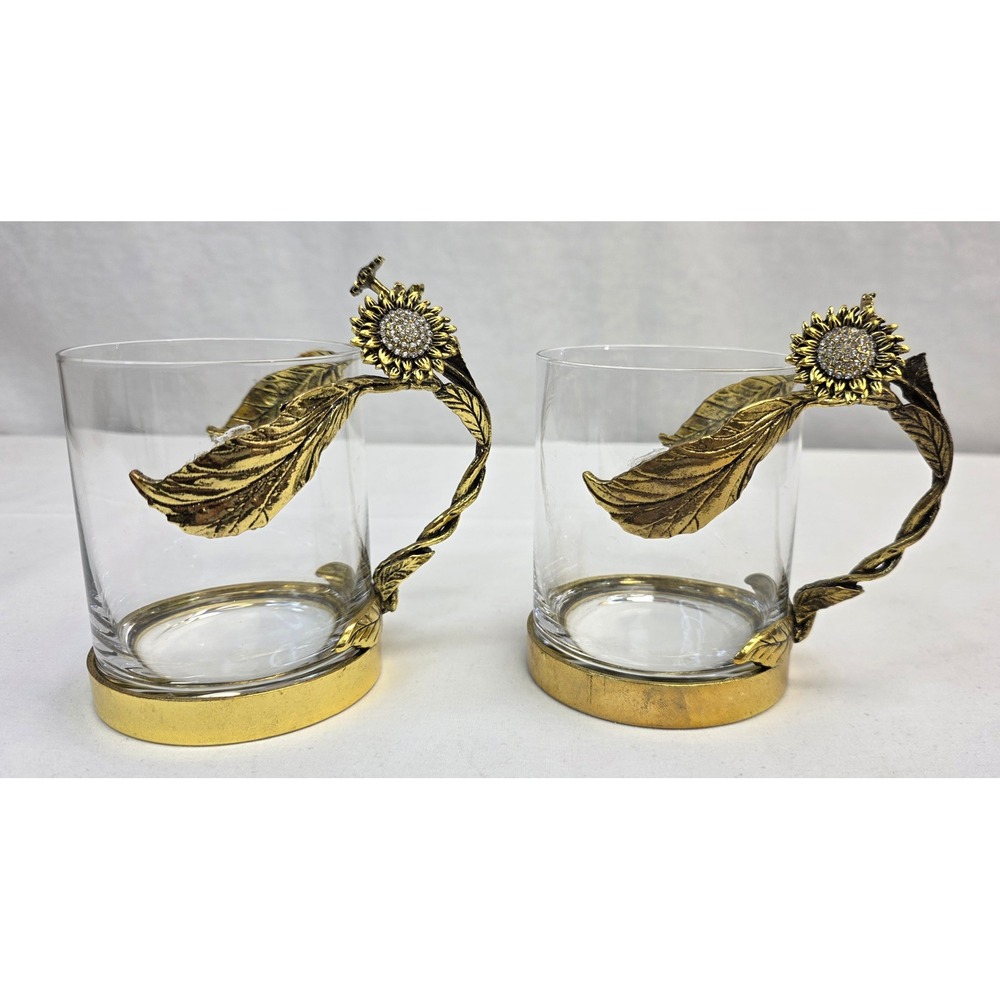 Vintage Style Sunflower Rhinestone Gold Metal Leaf Handle Glass Mugs Set of 2